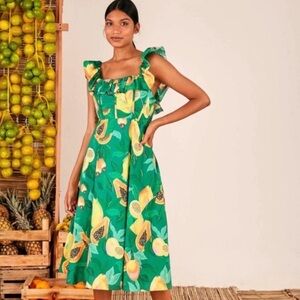 FARM Rio Green and Yellow Fruit Print Midi Dress